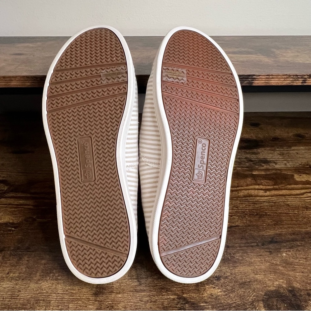 canvas mules slip on shoes tan white stripes Spenco Santa Rosa women's 9 - Picture 11 of 14
